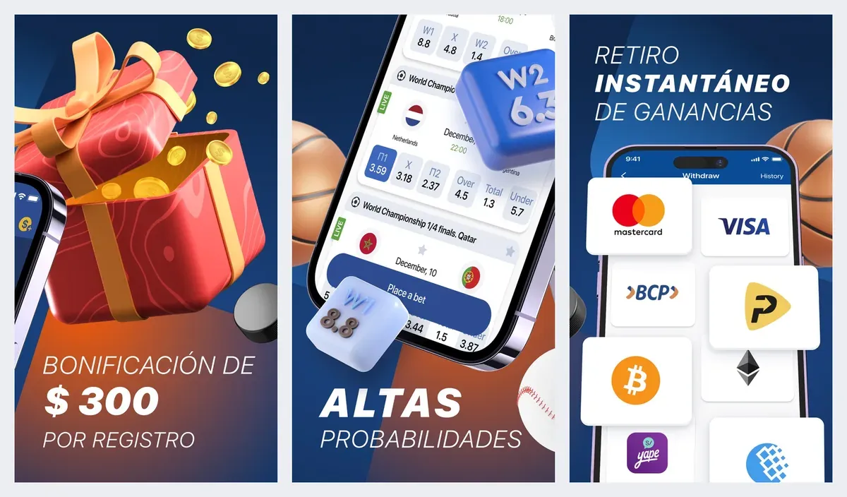 Mostbet app screenshots from its app store listing: sports and "retiro instantáneo de ganancias" with card and crypto icons