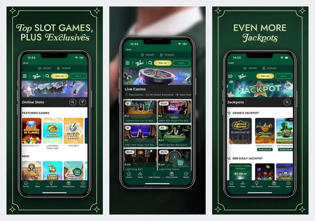 Mr Green app screenshots from its app store listing: slots, live casino and jackpots