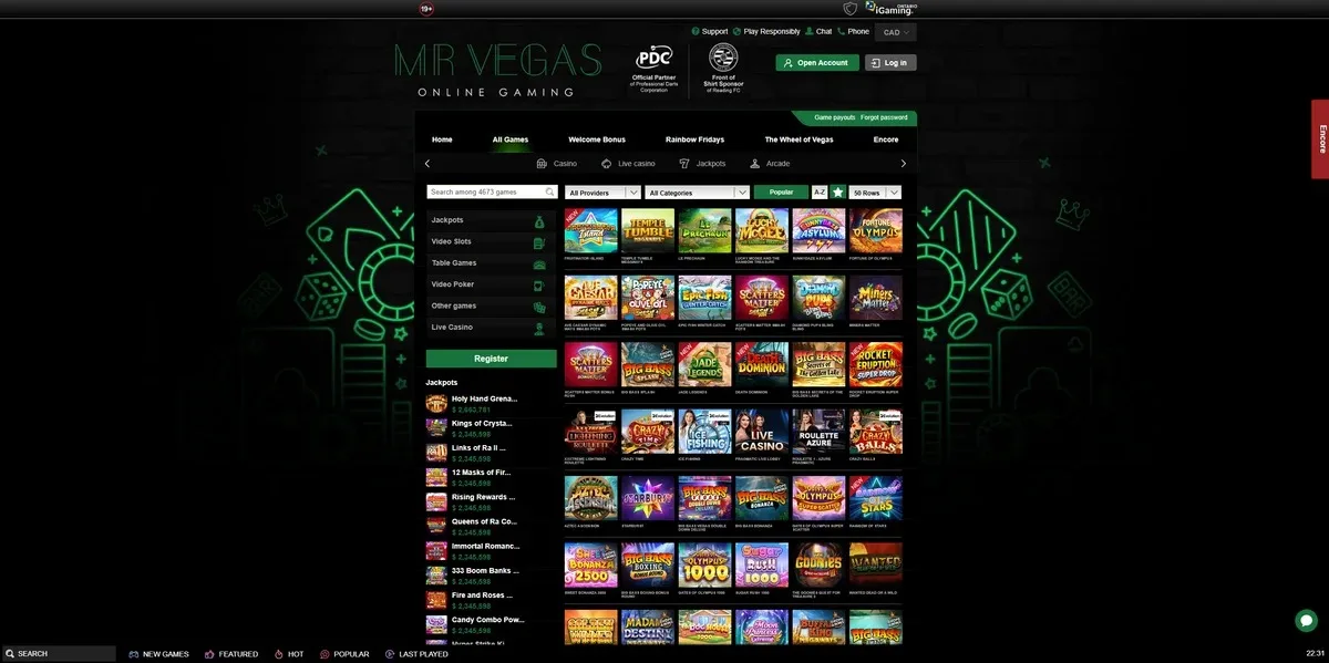 Mr Vegas games lobby screenshot: Mr Vegas 'All Games' lobby with provider and category filters, a jackpots list on the left and a grid of slot tiles