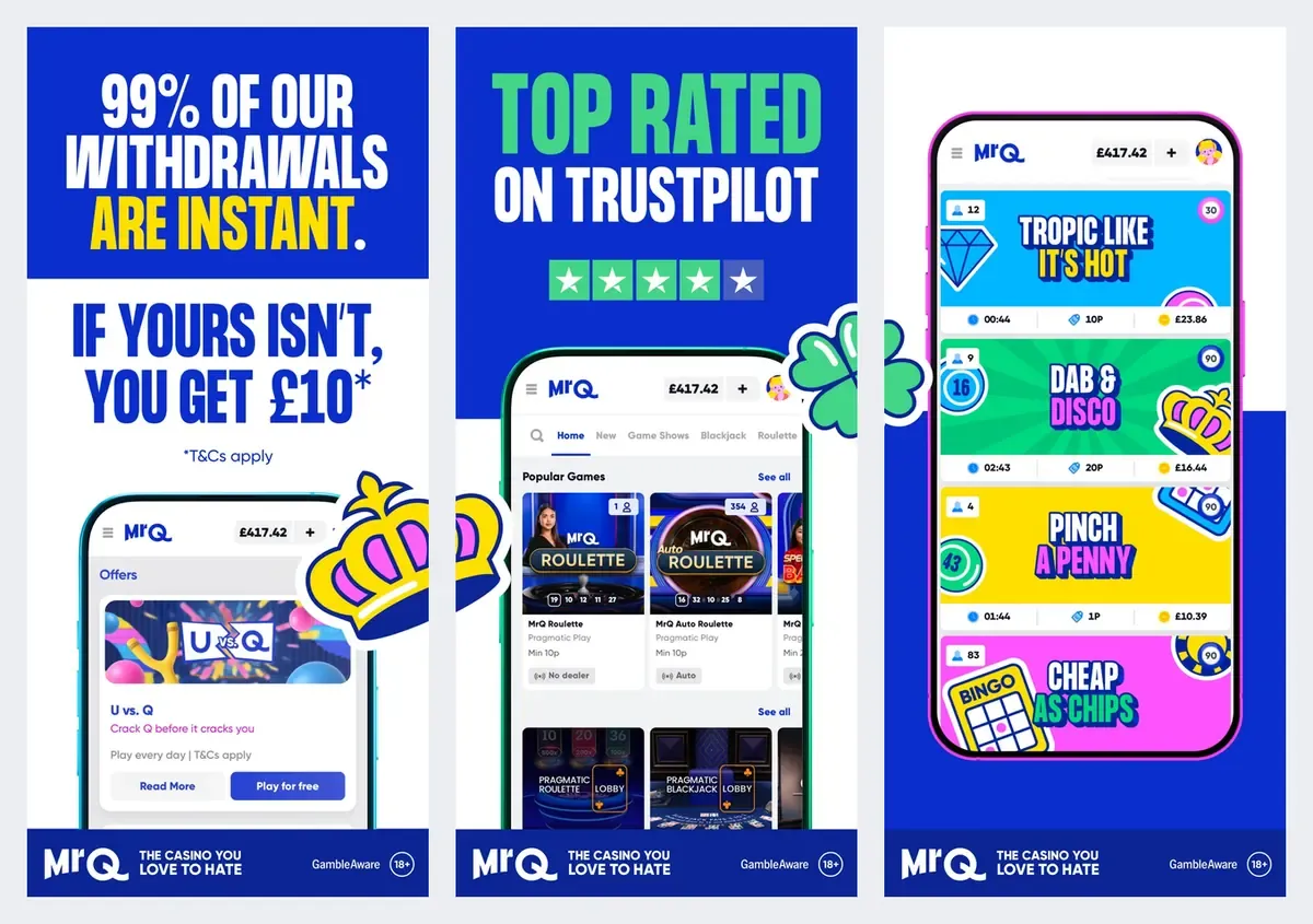 MrQ app screenshots from its app store listing: "99% of our withdrawals are instant"