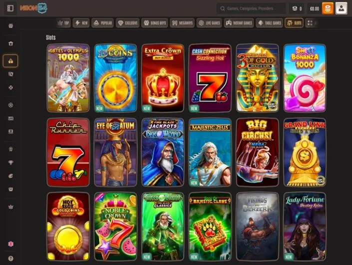 Neon54 games lobby screenshot: Neon54 slots lobby with category tabs and tiles such as Gates of Olympus 1000 and 15 Coins