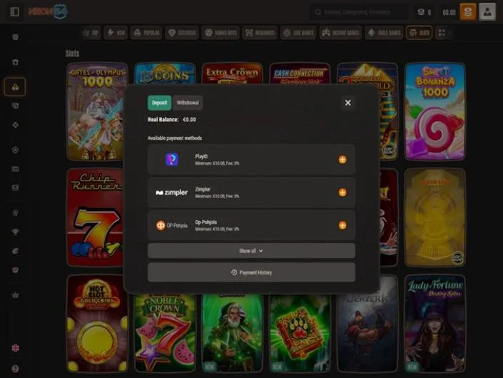 Neon54 cashier screenshot: Neon54 deposit window listing PlayID Zimpler and OP-Pohjola with a 10 EUR minimum and 0% fee