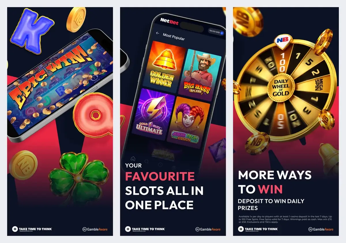 NetBet app screenshots from its app store listing: slots and daily prizes