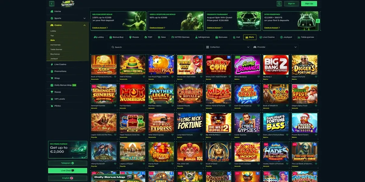 Nitrobet games lobby screenshot: Nitrobet slots lobby with category tabs, search and provider filters and a grid of slots such as Big Bang 2 and Diggers Fortune