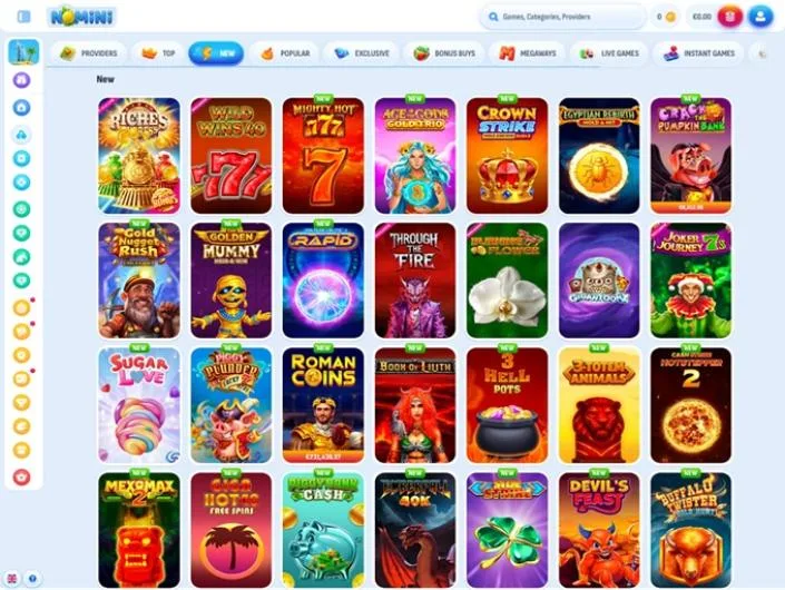 Nomini games lobby screenshot: Nomini 'New' games lobby with category tabs and slots such as Riches Express and Crown Strike
