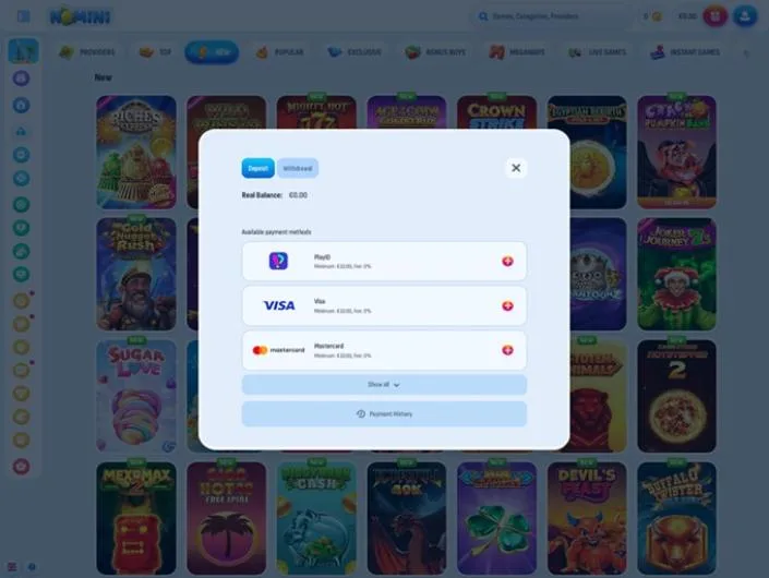 Nomini cashier screenshot: Nomini deposit window listing PlayID Visa and Mastercard with a 10 EUR minimum and 0% fee