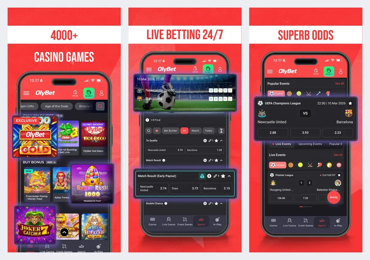 OlyBet app screenshots from its app store listing: casino games and live betting