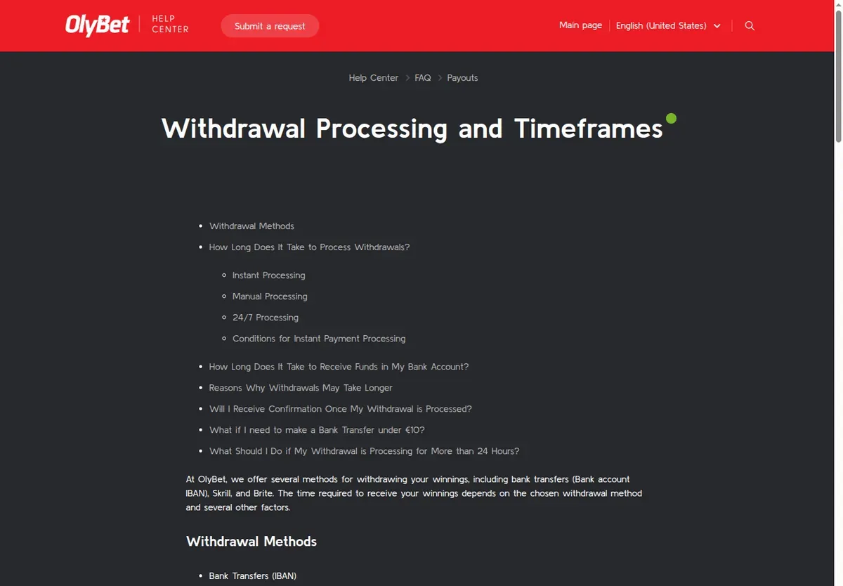 OlyBet help centre article 'Withdrawal Processing and Timeframes'