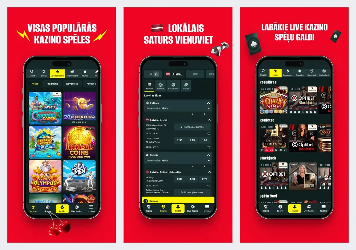 Optibet app screenshots from its app store listing: casino, local sports and live casino