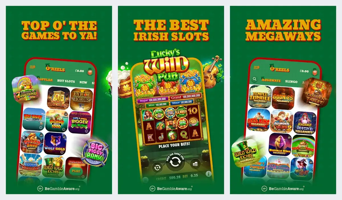 O'Reels app screenshots from its app store listing: Irish slots and Megaways