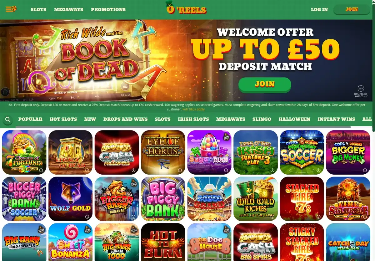 O'Reels lobby with a deposit match welcome offer and a grid of slots