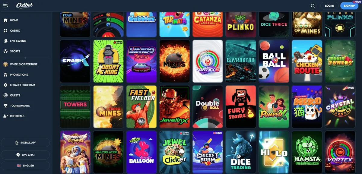 Oxibet games lobby screenshot: Oxibet casino lobby with a grid of crash and instant games such as Mines Plinko Crash X Chicken Route and Towers