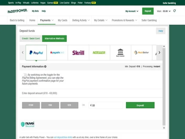 Paddy Power cashier screenshot: Paddy Power 'Deposit funds' page with alternative methods PayPal, paysafecard Skrill Neteller, bank transfer and MuchBetter, a 10 EUR minimum and instant processing