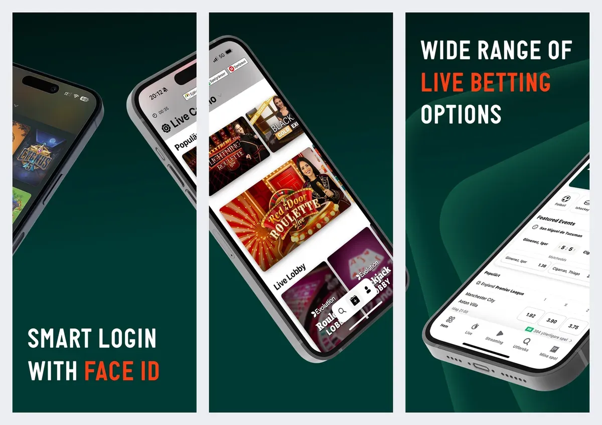 Paf app screenshots from its app store listing: face ID login and live betting