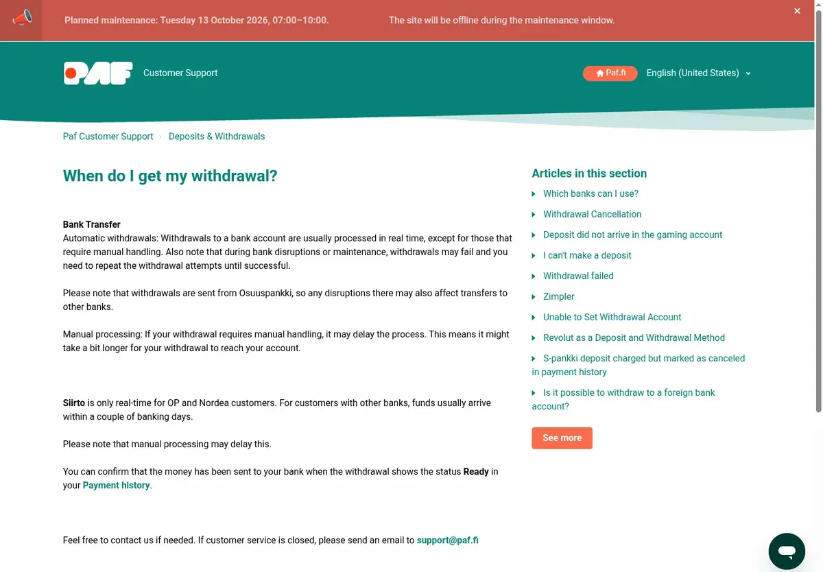 Paf customer support article 'When do I get my withdrawal?' about bank transfer timing