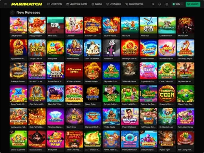 Parimatch games lobby screenshot: Parimatch 'New Releases' slots lobby with a dense grid of game tiles