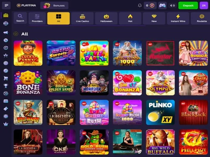 Playfina games lobby screenshot: Playfina 'All' games lobby with category icons and tiles such as Lucky Penny 2 and Gates of Olympus 1000