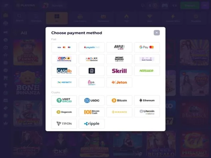 Playfina cashier screenshot: Playfina 'Choose payment method' window listing fiat options such as Visa and Mastercard, paysafecard Rapid Google Pay CASHlib Revolut Skrill Neteller MiFinity, eps and Jeton plus USDT USDC Bitcoin Ethereum Dogecoin