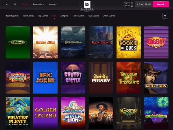 PlayGrand games lobby screenshot: PlayGrand slots lobby with tabs for New Games Top Games Jackpots and Live Casino