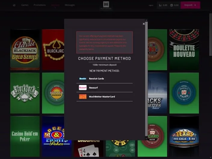 PlayGrand cashier screenshot: PlayGrand payment window with a 100 kr minimum deposit and Revolut Cards Neosurf and MuchBetter MasterCard listed