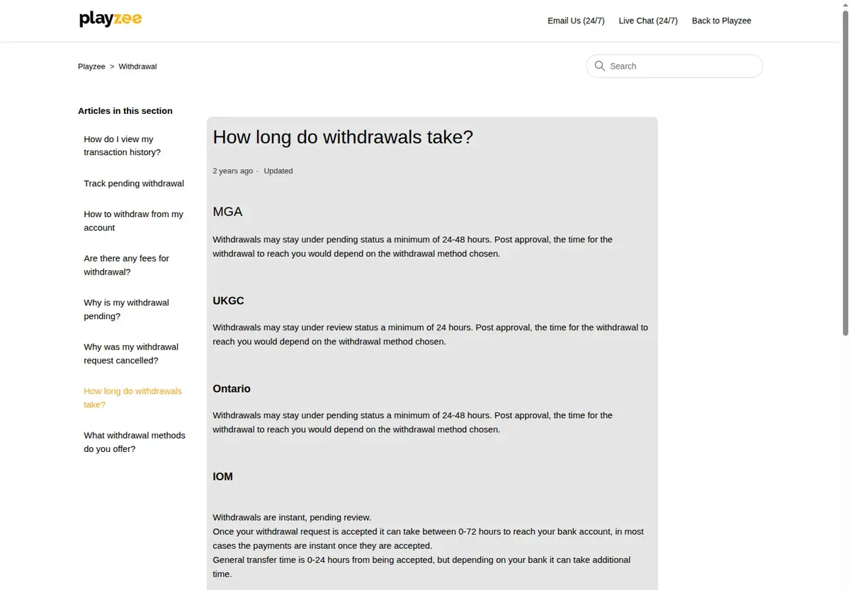 Playzee help article 'How long do withdrawals take?' with pending times by licence