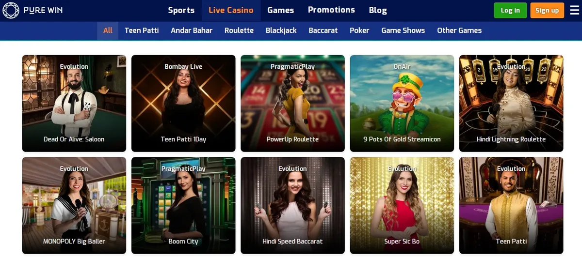 PureWin games lobby screenshot: Pure Win live casino lobby with tabs for Teen Patti Andar Bahar Roulette Blackjack and Baccarat and tables such as Hindi Lightning Roulette and Hindi Speed Baccarat