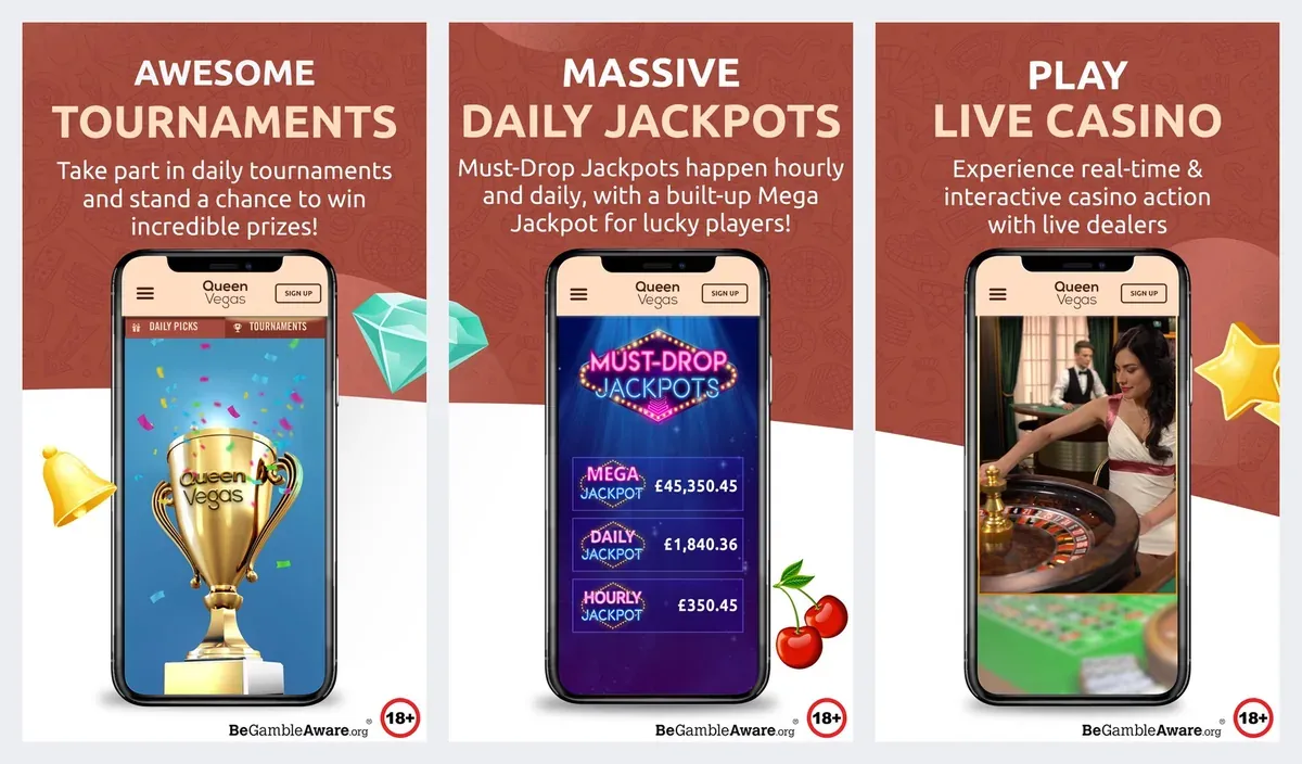 QueenVegas app screenshots from its app store listing: tournaments, jackpots and live casino