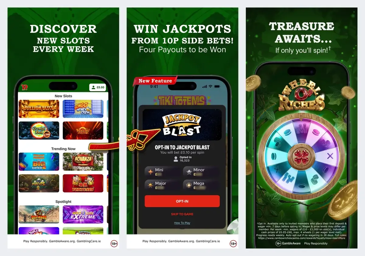 Rainbow Riches Casino app screenshots from its app store listing: new slots and jackpots