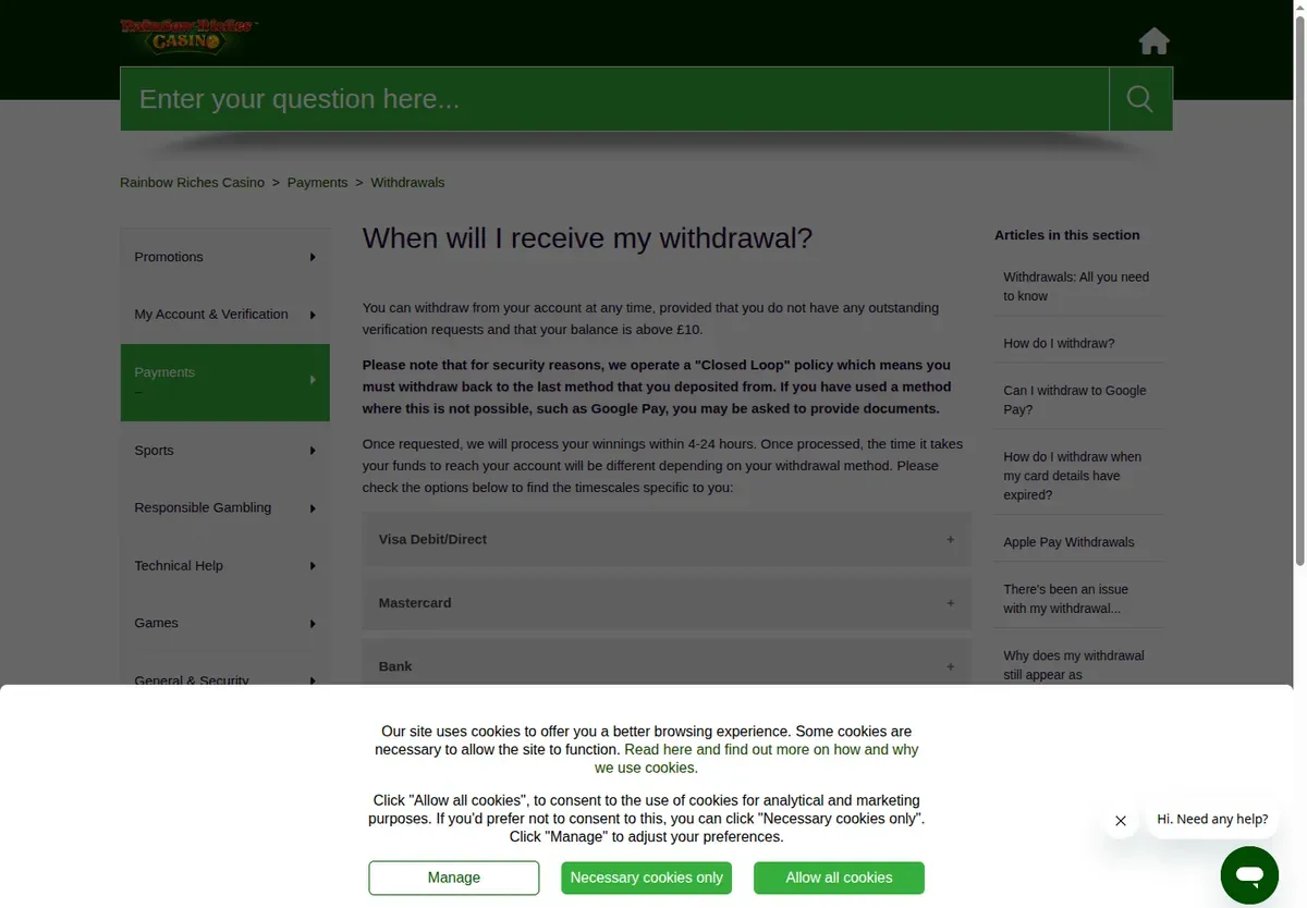 Rainbow Riches Casino help article 'When will I receive my withdrawal?'
