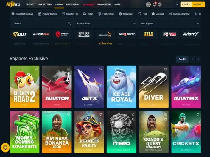 Rajabets games lobby screenshot: Rajabets casino lobby with provider row and 'Rajabets Exclusive' games such as Chicken Road 2 Aviator and JetX