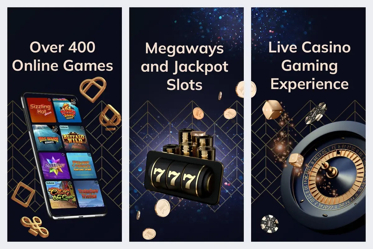 Rialto Casino app screenshots from its app store listing: Megaways, jackpot slots and live casino
