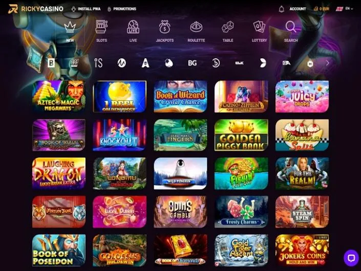 Ricky Casino games lobby screenshot: Ricky Casino lobby with category icons, provider row and slots such as Aztec Magic Megaways