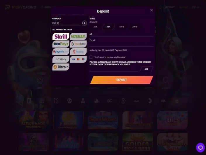 Ricky Casino cashier screenshot: MuchBetter, paysafecard Piastrix MiFinity, cards and Bitcoin options