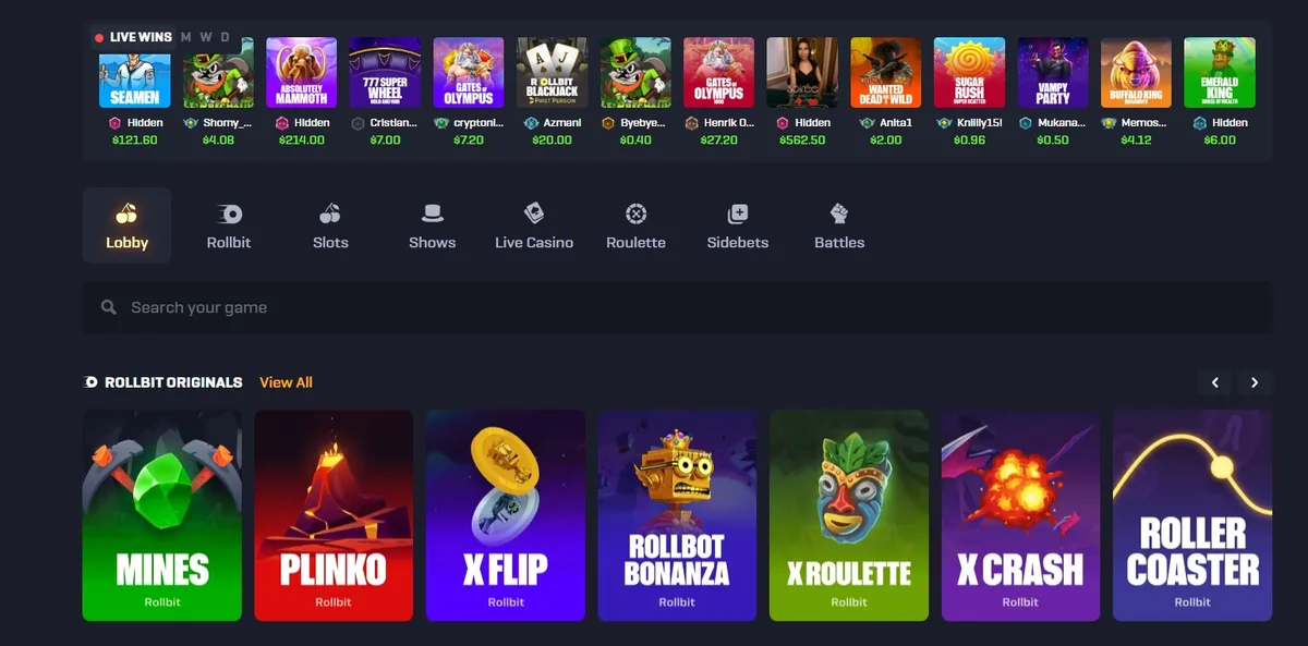 Rollbit games lobby screenshot: Rollbit casino lobby with a live wins ticker, category tabs (Lobby Slots Live Casino Roulette) and Rollbit Originals such as Mines Plinko and X Crash