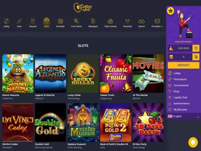 Rolling Slots games lobby screenshot: Rolling Slots slots lobby with category icons and tiles such as Mount Mazuma and Legend of Atlantis