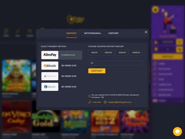 Rolling Slots cashier screenshot: Rolling Slots deposit window listing AstroPay (10 to 8,000 EUR) and Bitcoin Ethereum and Litecoin (30 to 10,000 EUR) with 0% commission