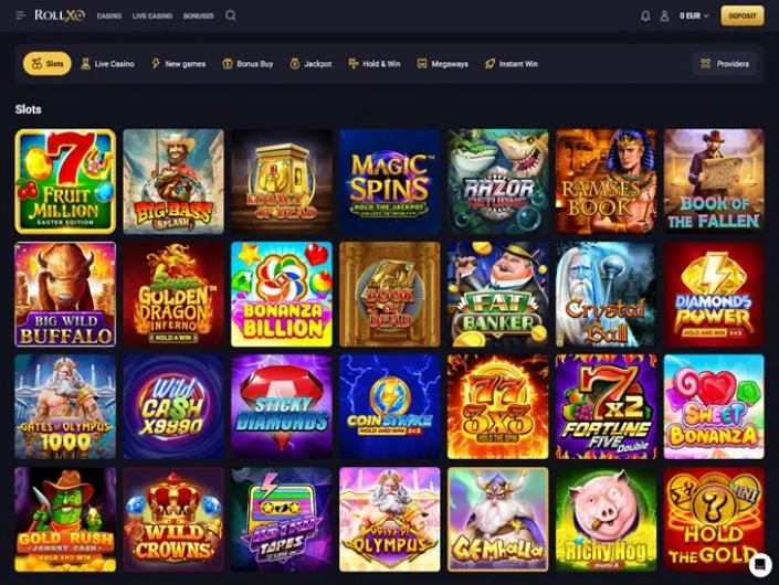 RollXO games lobby screenshot: RollXO slots lobby with tiles such as Fruit Million Big Bass Splash and Book of the Fallen