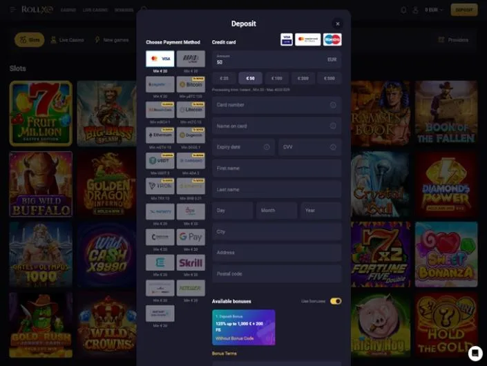 RollXO cashier screenshot: RollXO deposit window with credit card selected (instant, 20 to 4,000 EUR) and a column of Rapid Bitcoin Litecoin Ethereum USDT Tron MiFinity Google Pay Skrill and Neteller