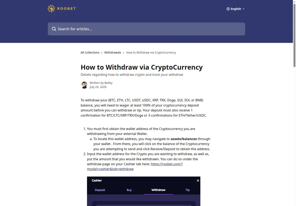 Roobet help article 'How to Withdraw via CryptoCurrency' listing the supported coins and confirmations