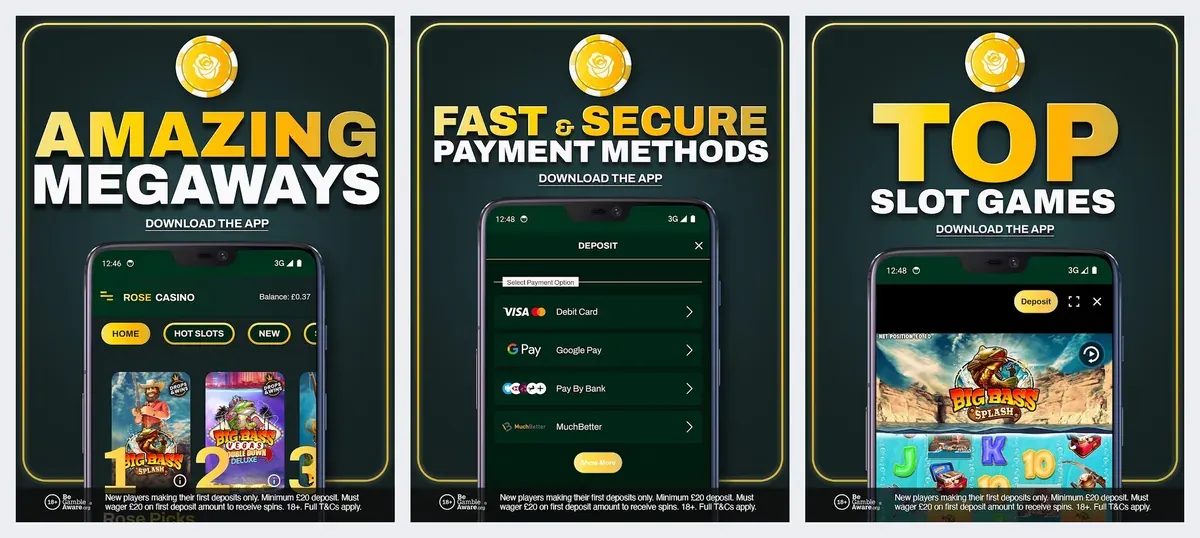 Rose Casino app screenshots from its app store listing: Megaways and "fast & secure payment methods"