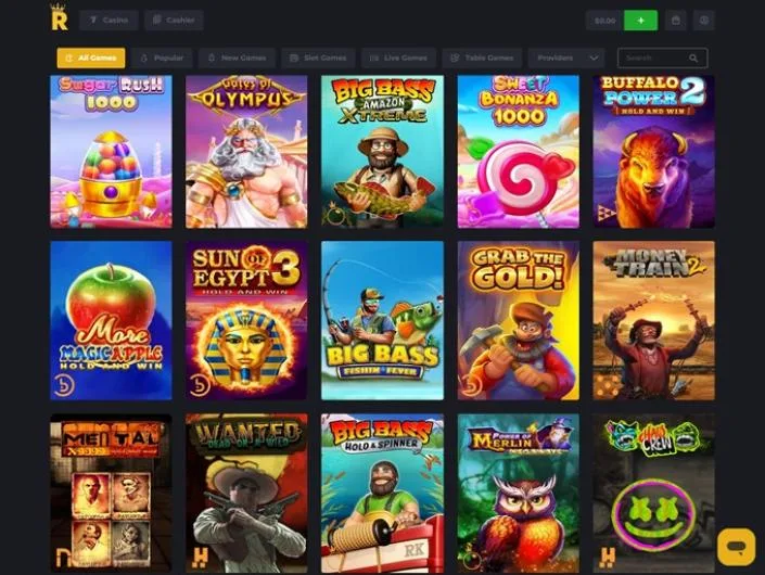 Royal Reels games lobby screenshot: Royal Reels 'All Games' lobby with slots such as Sugar Rush 1000 and Gates of Olympus