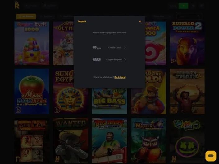 Royal Reels cashier screenshot: Royal Reels deposit pop-up offering Credit Card and Crypto Deposit with a link to withdraw