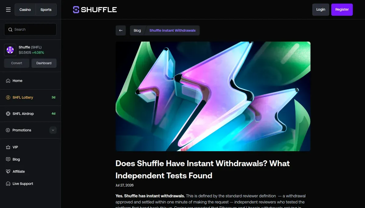 Shuffle blog article asking whether Shuffle has instant withdrawals