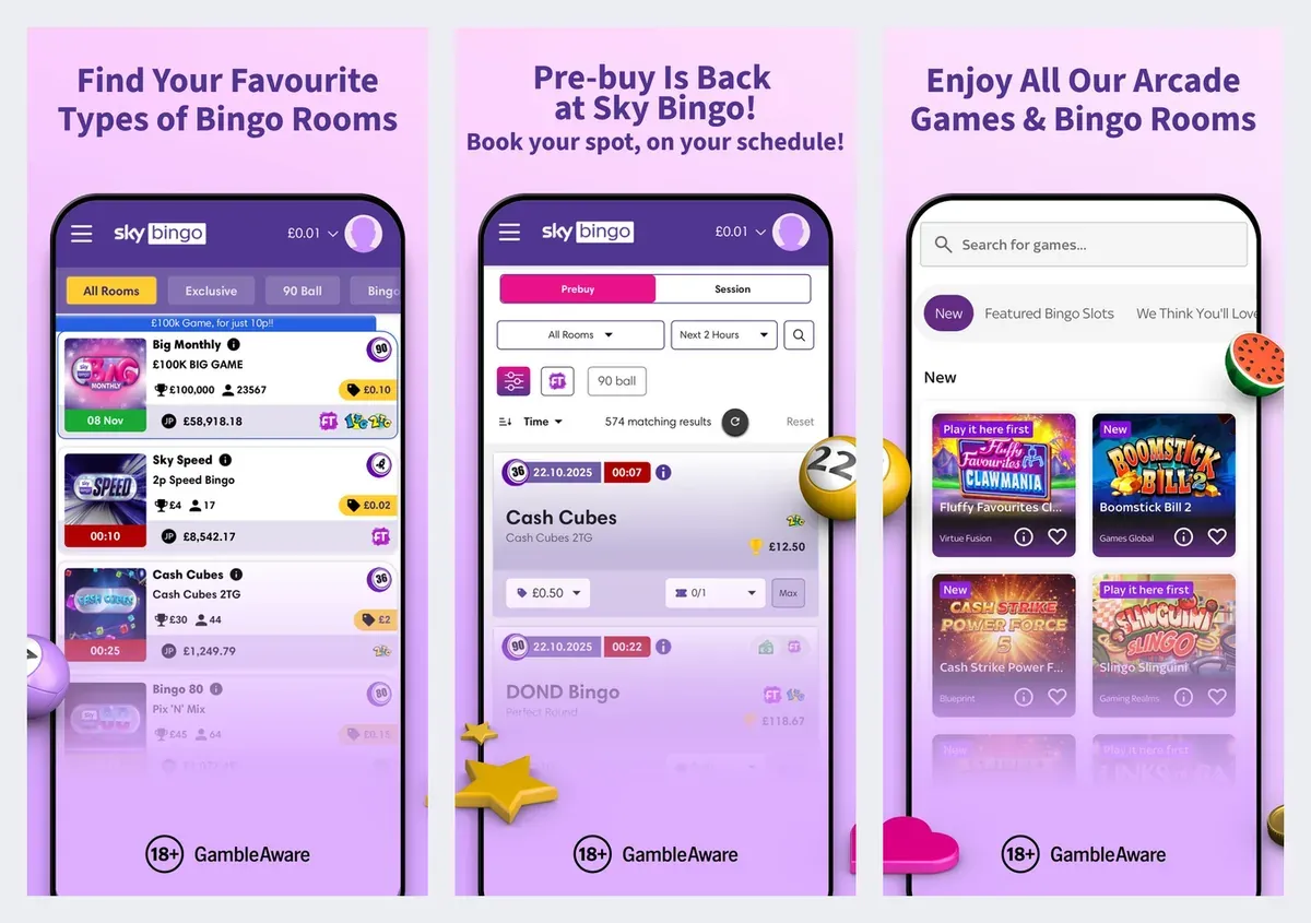 Sky Bingo app screenshots from its app store listing: bingo rooms and pre-buy