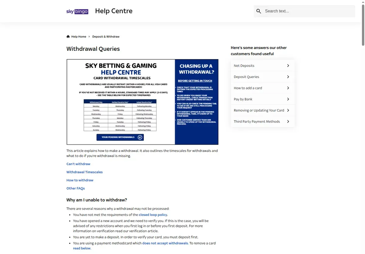 Sky Bingo help centre 'Withdrawal Queries' with the card withdrawal timescales table