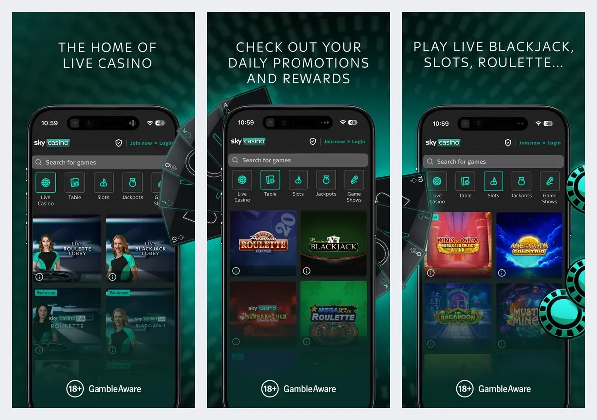 Sky Casino app screenshots from its app store listing: live casino and promotions