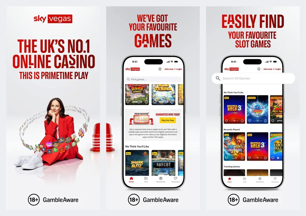 Sky Vegas app screenshots from its app store listing: slots and search