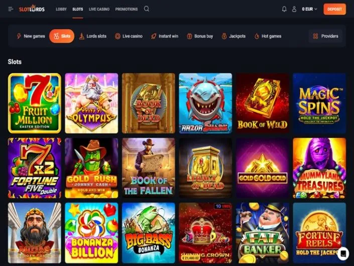 SlotLords games lobby screenshot: SlotLords slots lobby with tabs for New games Lords slots and Live casino and tiles such as Fruit Million