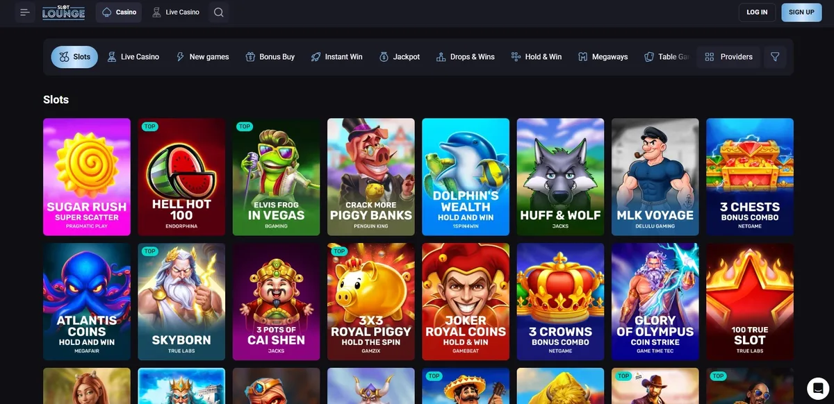 SlotLounge games lobby screenshot: SlotLounge slots lobby with category tabs (Live Casino New games Drops and Wins) and slots such as Sugar Rush Super Scatter and Elvis Frog in Vegas