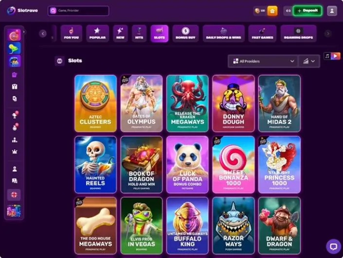 SlotRave games lobby screenshot: Slotrave slots lobby with category tabs and tiles such as Aztec Clusters and Gates of Olympus